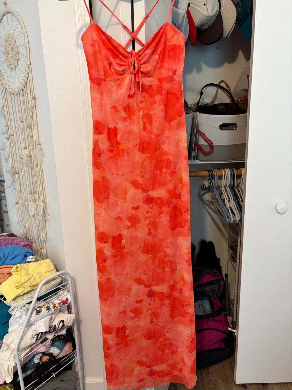 Women's Beautiful Orange Tie-Dye Slip Dress with Spaghetti Straps & Tie-back